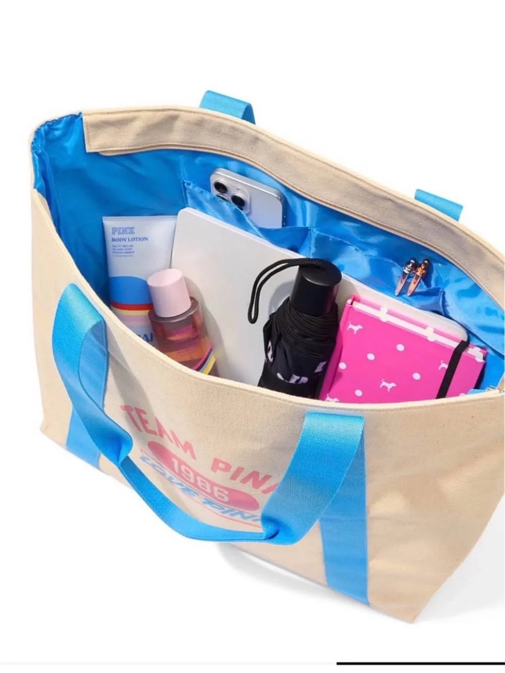 PINK Victoria's Secret Beige Canvas Tote with Bright Blue Straps